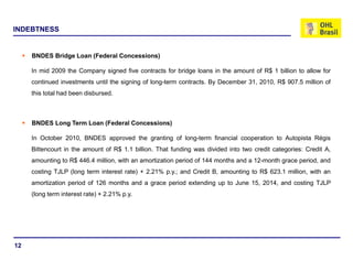 INDEBTNESS


     BNDES Bridge Loan (Federal Concessions)

     In mid 2009 the Company signed five contracts for bridge loans in the amount of R$ 1 billion to allow for
     continued investments until the signing of long-term contracts. By December 31, 2010, R$ 907.5 million of
     this total had been disbursed.



     BNDES Long Term Loan (Federal Concessions)

     In October 2010, BNDES approved the granting of long-term financial cooperation to Autopista Régis
     Bittencourt in the amount of R$ 1.1 billion. That funding was divided into two credit categories: Credit A,
     amounting to R$ 446.4 million, with an amortization period of 144 months and a 12-month grace period, and
     costing TJLP (long term interest rate) + 2.21% p.y.; and Credit B, amounting to R$ 623.1 million, with an
     amortization period of 126 months and a grace period extending up to June 15, 2014, and costing TJLP
     (long term interest rate) + 2.21% p.y.




12
 