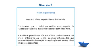 Nível 4 e 5
	
  
	
  Viver	
  os	
  problemas	
  
	
  
Nestes	
  2	
  níveis	
  o	
  que	
  varia	
  é	
  a	
  diﬁculdade.	
  
	
  
Pretende-­‐se	
   que	
   o	
   indivíduo	
   realize	
   uma	
   espécie	
   de	
  
“Expedição”	
  que	
  será	
  ajustada	
  de	
  acordo	
  com	
  o	
  seu	
  nível.	
  
	
  
A	
   a6vidade	
   permite	
   ou	
   pôr	
   em	
   prá6ca	
   conhecimentos	
   dos	
  
níveis	
   anteriores	
   ou	
   sen6r	
   algumas	
   diﬁculdades	
   que	
  
encaminham	
  o	
  indivíduo	
  para	
  a	
  realização	
  dos	
  outros	
  níveis	
  
em	
  pontos	
  especíﬁcos	
  
 