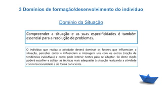 3 Domínios de formação/desenvolvimento do indivíduo
Compreender	
   a	
   situação	
   e	
   as	
   suas	
   especiﬁcidades	
   é	
   também	
  
essencial	
  para	
  a	
  resolução	
  de	
  problemas.	
  	
  
Domínio da Situação
O	
   indivíduo	
   que	
   realiza	
   a	
   a6vidade	
   deverá	
   dominar	
   os	
   fatores	
   que	
   inﬂuenciam	
   a	
  
situação,	
   perceber	
   como	
   a	
   inﬂuenciam	
   e	
   interagem	
   uns	
   com	
   os	
   outros	
   (noção	
   de	
  
tendências	
   evolu6vas)	
   e	
   como	
   pode	
   intervir	
   nestes	
   para	
   se	
   adaptar.	
   Só	
   deste	
   modo	
  
poderá	
  escolher	
  e	
  u6lizar	
  as	
  técnicas	
  mais	
  adequadas	
  à	
  situação	
  realizando	
  a	
  a6vidade	
  
com	
  intencionalidade	
  e	
  de	
  forma	
  consciente.	
  
 