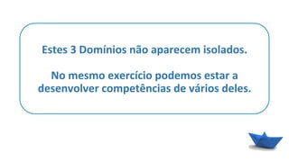 Estes	
  3	
  Domínios	
  não	
  aparecem	
  isolados.	
  
	
  
No	
  mesmo	
  exercício	
  podemos	
  estar	
  a	
  
desenvolver	
  competências	
  de	
  vários	
  deles.	
  
 