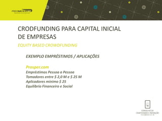 CRODFUNDING PARA CAPITAL INICIAL
DE EMPRESAS
EQUITY BASED CROWDFUNDING

   EXEMPLO EMPRÉSTIMOS / APLICAÇÕES

   Prosper.com
   Empréstimos Pessoa a Pessoa
   Tomadores entre $ 2,0 M e $ 25 M
   Aplicadores mínimo $ 25
   Equilíbrio Financeiro e Social
 