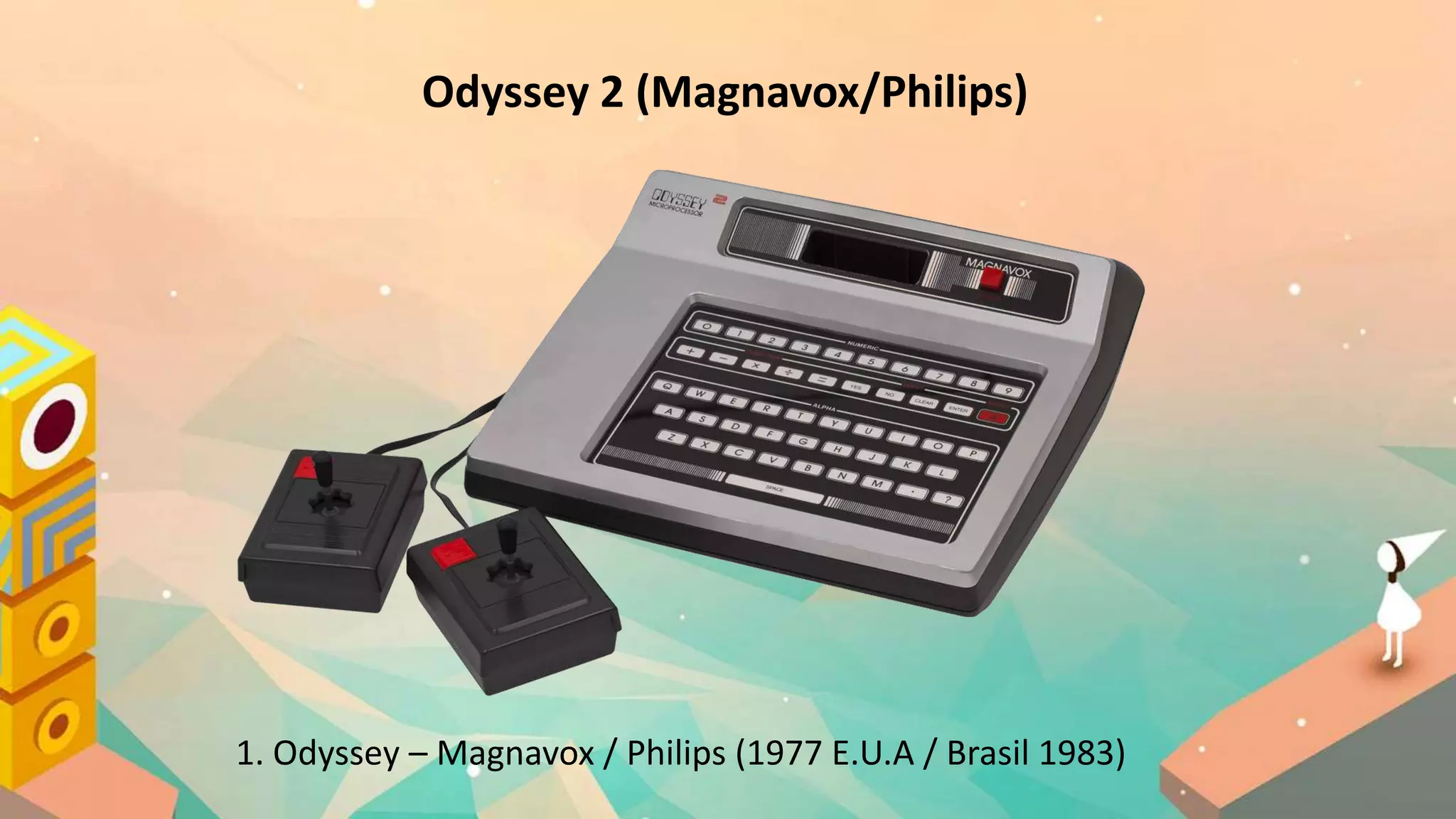 Odyssey 2 (Magnavox/Philips)
1. Odyssey – Magnavox / Philips (1977 E.U.A / Brasil 1983)
 