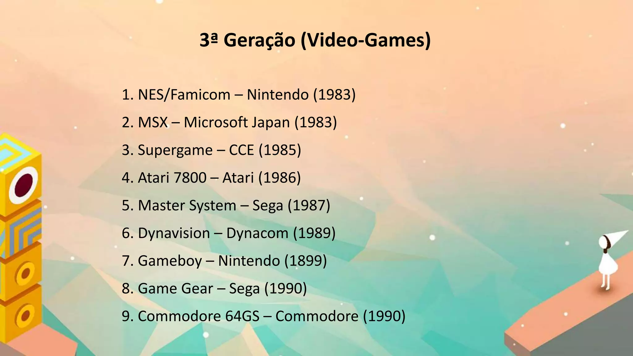 3ª Geração (Video-Games)
1. NES/Famicom – Nintendo (1983)
2. MSX – Microsoft Japan (1983)
3. Supergame – CCE (1985)
4. Atari 7800 – Atari (1986)
5. Master System – Sega (1987)
6. Dynavision – Dynacom (1989)
7. Gameboy – Nintendo (1899)
8. Game Gear – Sega (1990)
9. Commodore 64GS – Commodore (1990)
 