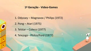 1ª Geração - Video-Games
1. Odyssey – Magnavox / Philips (1972)
2. Pong – Atari (1975)
3. Telstar – Coleco (1977)
4. Telejogo - Philco/Ford (1977)
 
