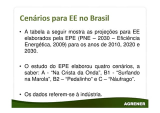 • A tabela a seguir mostra as projeções para EE
  elaborados pela EPE (PNE – 2030 – Eficiência
  Energética, 2009) para os anos de 2010, 2020 e
  2030.

• O estudo do EPE elaborou quatro cenários, a
  saber: A - “Na Crista da Onda”, B1 - “Surfando
  na Marola”, B2 – “Pedalinho” e C – “Náufrago”.

• Os dados referem-se à indústria.
 