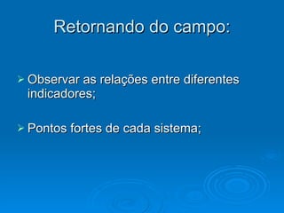 Retornando do campo: Observar as relações entre diferentes indicadores; Pontos fortes de cada sistema; 