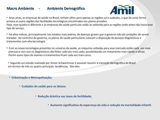 Macro Ambiente  -  Ambiente Demográfico Anos atrás, as empresas de saúde no Brasil, tinham olhos para apenas as regiões sul e sudestes, o que de certa forma privava as outra regiões das facilidades tecnológicas encontradas nos planos privados. Hoje, esse quadro é diferente e as empresas de saúde particular estão se voltando para as regiões onde antes não havia esse tipo de serviço. Há altos índices, principalmente nos estados mais pobres, de doenças graves que o governo não dá condições de serem tratadas.  Ao contrário do governo, os planos de saúde particulares colocam a disposição da pessoas diagnósticos e tratamentos com alta tecnologia. Com as novas tecnologias presentes no universo da saúde, as máquinas voltadas para esse mercado estão cada  vez mais precisas e com isso os diagnósticos são feitos cada vez mais cedo, possibilitando um tratamento mais rápido e eficaz. Porém esses tipos de exames e tratamentos ficam cada vez mais caros. Segundo um estudo realizado por Simon Schwartzman é possível resumir a transição demográfica do Brasil  em termos de três ou quatro principais  tendências.  São eles:  Urbanização e Metropolização; Redução drástica nas taxas de fertilidade; Aumento significativo da esperança de vida e redução da mortalidade infantil. Cuidados de saúde para os idosos; 