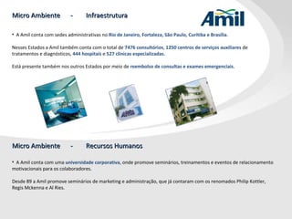 Micro Ambiente  -  Infraestrutura A Amil conta com sedes administrativas no  Rio de Janeiro, Fortaleza, São Paulo, Curitiba e Brasília .  Nesses Estados a Amil também conta com o total de  7476 consultórios ,  1250 centros de serviços auxiliares  de tratamentos e diagnósticos,  444 hospitais  e  527 clinicas especializadas .  Está presente também nos outros Estados por meio de  reembolso de consultas e exames emergenciais . Micro Ambiente  -  Recursos Humanos A Amil conta com uma  universidade corporativa , onde promove seminários, treinamentos e eventos de relacionamento motivacionais para os colaboradores.  Desde 89 a Amil promove seminários de marketing e administração, que já contaram com os renomados Philip Kottler,  Regis Mckenna e Al Ries.  