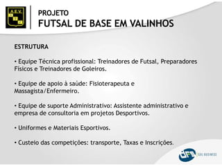 PROJETO
FUTSAL DE BASE EM VALINHOS
ESTRUTURA
• Equipe Técnica profissional: Treinadores de Futsal, Preparadores
Físicos e Treinadores de Goleiros.
• Equipe de apoio à saúde: Fisioterapeuta e
Massagista/Enfermeiro.
• Equipe de suporte Administrativo: Assistente administrativo e
empresa de consultoria em projetos Desportivos.
• Uniformes e Materiais Esportivos.
• Custeio das competições: transporte, Taxas e Inscrições.
 