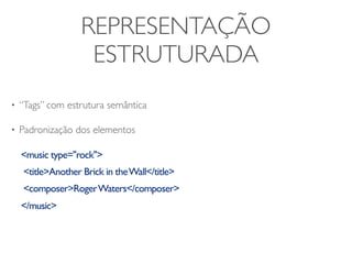 REPRESENTAÇÃO
                    ESTRUTURADA
•   “Tags” com estrutura semântica

•   Padronização dos elementos

    <music type="rock">
    <title>Another Brick in the Wall</title>
    <composer>Roger Waters</composer>
    </music>
 