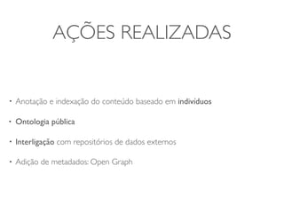 AÇÕES REALIZADAS


•   Anotação e indexação do conteúdo baseado em indivíduos

•   Ontologia pública

•   Interligação com repositórios de dados externos

•   Adição de metadados: Open Graph
 