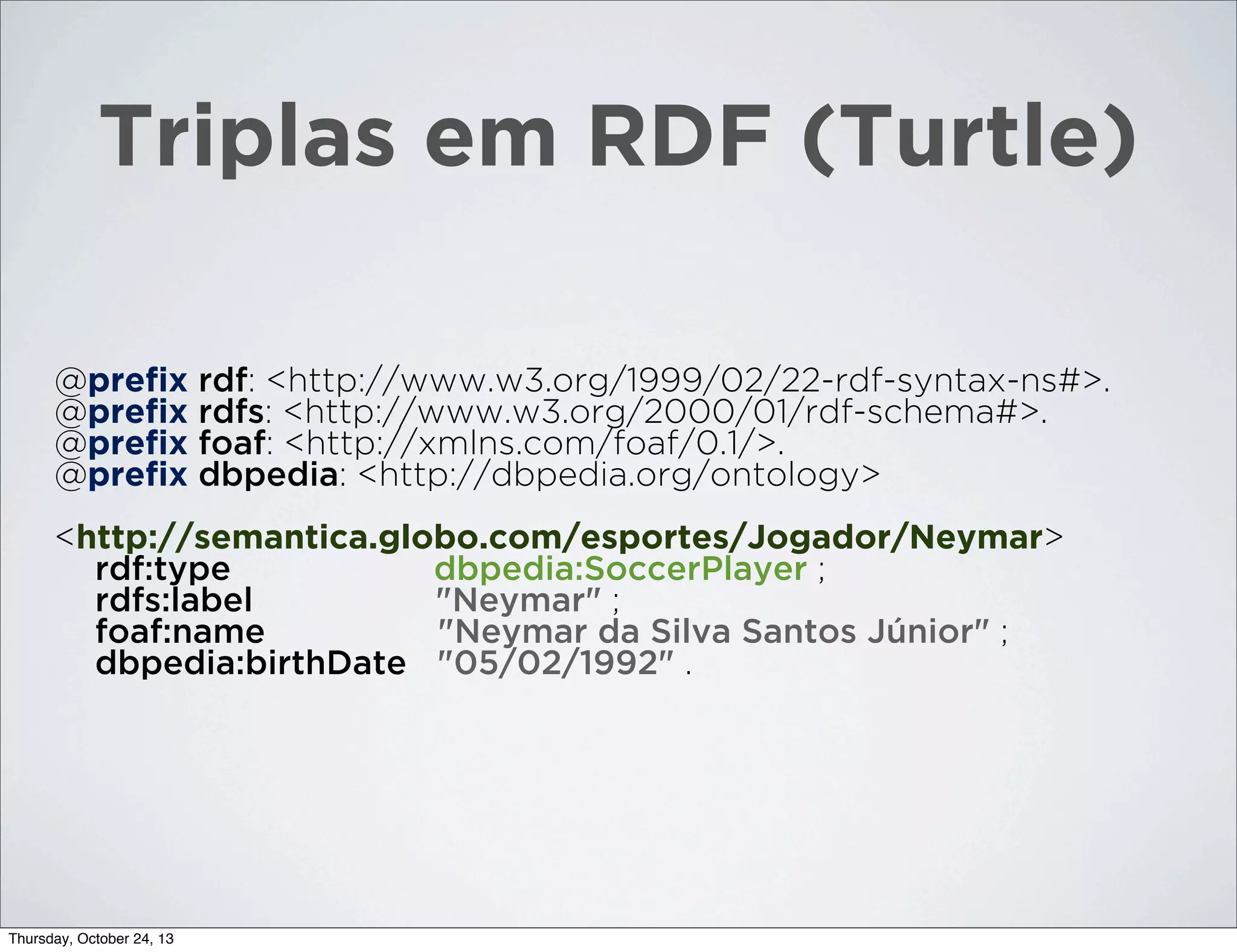 Triplas em RDF (Turtle)
@preﬁx rdf: <http://www.w3.org/1999/02/22-rdf-syntax-ns#>.
@preﬁx rdfs: <http://www.w3.org/2000/01/rdf-schema#>.
@preﬁx foaf: <http://xmlns.com/foaf/0.1/>.
@preﬁx dbpedia: <http://dbpedia.org/ontology>
<http://semantica.globo.com/esportes/Jogador/Neymar>
rdf:type
dbpedia:SoccerPlayer ;
rdfs:label
"Neymar" ;
foaf:name
"Neymar da Silva Santos Júnior" ;
dbpedia:birthDate "05/02/1992" .

Thursday, October 24, 13

 