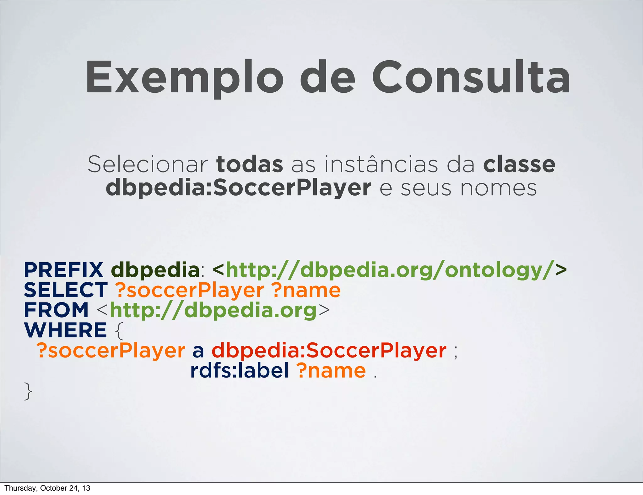 Exemplo de Consulta
Selecionar todas as instâncias da classe
dbpedia:SoccerPlayer e seus nomes

PREFIX dbpedia: <http://dbpedia.org/ontology/>
SELECT ?soccerPlayer ?name
FROM <http://dbpedia.org>
WHERE {
?soccerPlayer a dbpedia:SoccerPlayer ;
rdfs:label ?name .
}

Thursday, October 24, 13

 