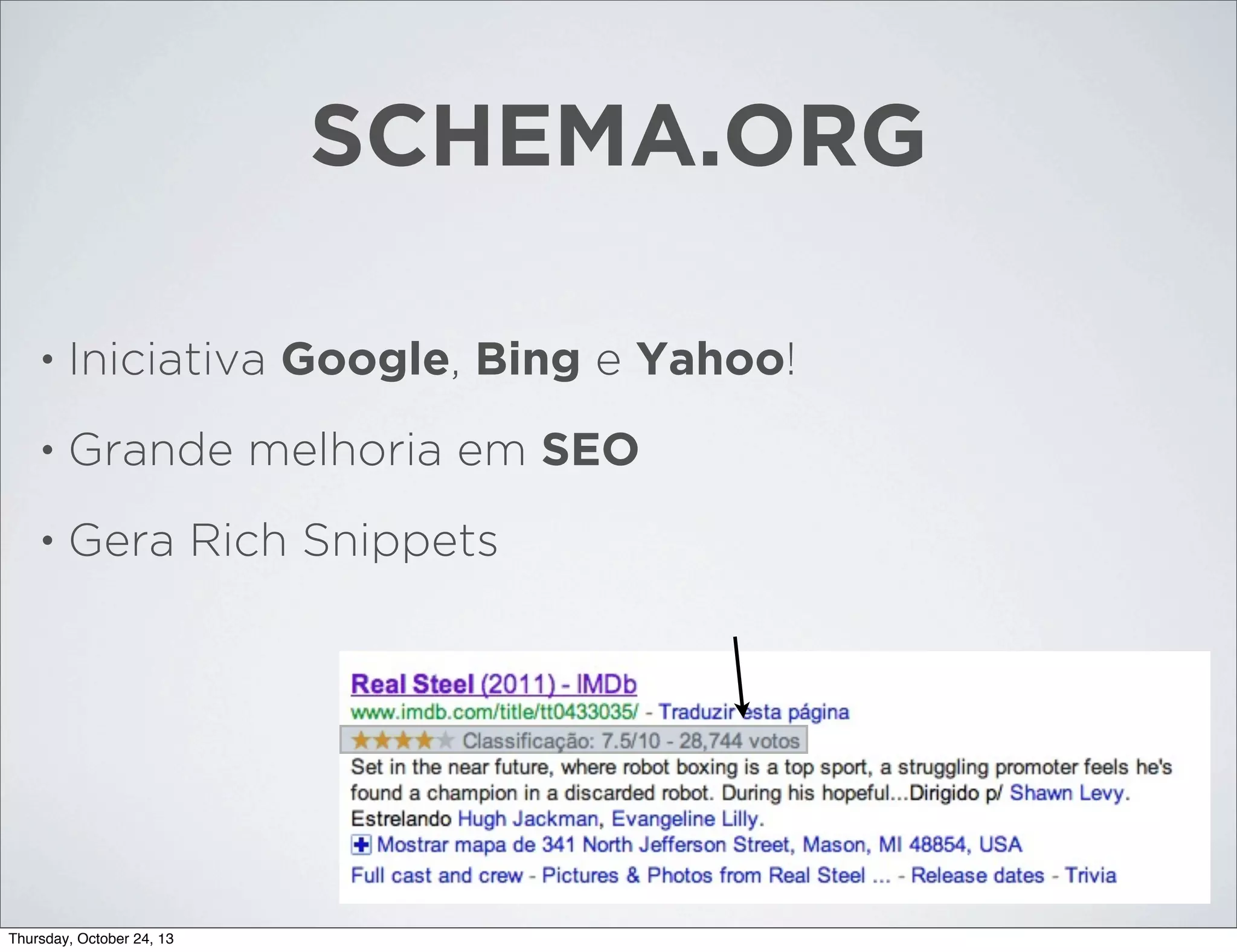 SCHEMA.ORG
•

Iniciativa Google, Bing e Yahoo!

•

Grande melhoria em SEO

•

Gera Rich Snippets

Thursday, October 24, 13

 