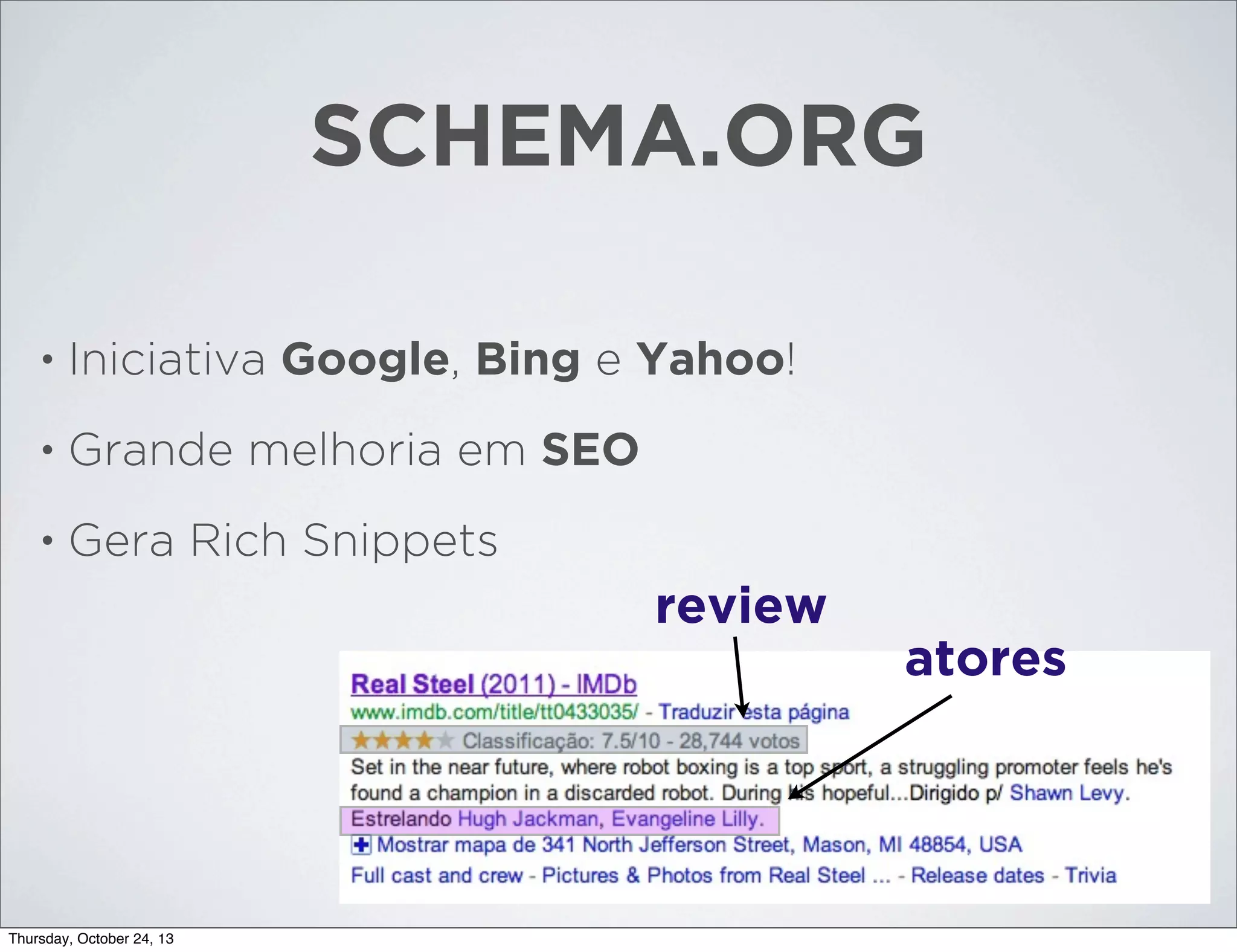 SCHEMA.ORG
•

Iniciativa Google, Bing e Yahoo!

•

Grande melhoria em SEO

•

Gera Rich Snippets

review
atores

Thursday, October 24, 13

 