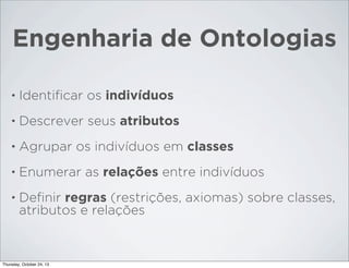 Engenharia de Ontologias
•

Identiﬁcar os indivíduos

•

Descrever seus atributos

•

Agrupar os indivíduos em classes

•

Enumerar as relações entre indivíduos

•

Deﬁnir regras (restrições, axiomas) sobre classes,
atributos e relações

Thursday, October 24, 13

 