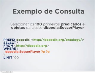 Exemplo de Consulta
Selecionar os 100 primeiros predicados e
objetos da classe dbpedia:SoccerPlayer

PREFIX dbpedia: <http://dbpedia.org/ontology/>
SELECT *
FROM <http://dbpedia.org>
WHERE {
dbpedia:SoccerPlayer ?p ?o
}
LIMIT 100

Thursday, October 24, 13

 