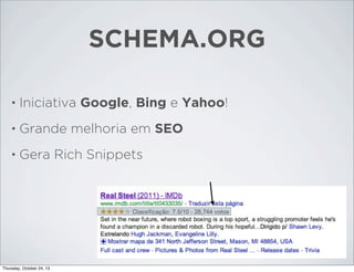 SCHEMA.ORG
•

Iniciativa Google, Bing e Yahoo!

•

Grande melhoria em SEO

•

Gera Rich Snippets

Thursday, October 24, 13

 