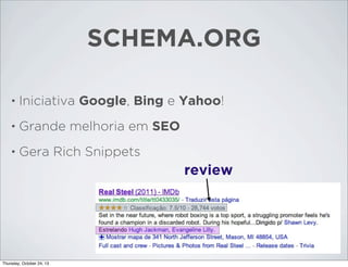 SCHEMA.ORG
•

Iniciativa Google, Bing e Yahoo!

•

Grande melhoria em SEO

•

Gera Rich Snippets

review

Thursday, October 24, 13

 