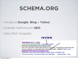 SCHEMA.ORG
•

Iniciativa Google, Bing e Yahoo!

•

Grande melhoria em SEO

•

Gera Rich Snippets

review

Thursday, October 24, 13

 