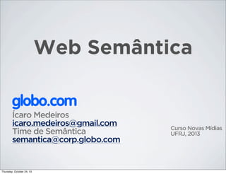 Web Semântica
globo.com
Ícaro Medeiros
icaro.medeiros@gmail.com
Time de Semântica
semantica@corp.globo.com

Thursday, October 24, 13

Curso Novas Mídias
UFRJ, 2013

 
