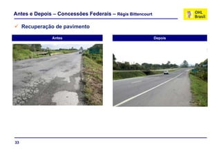 Antes e Depois – Concessões Federais – Régis Bittencourt

     Recuperação d pavimento
     R        ã de    i   t

               Antes                                       Depois




33
 