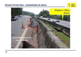 Sinistro Fernão Dias – Instabilidade do aterro

                                                 Viaduto – Pista
                                                          Norte




        ESCORREGAMENTO
           DIA 26/02/2010




44
 