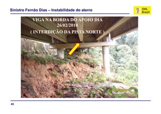 Sinistro Fernão Dias – Instabilidade do aterro

            VIGA NA BORDA DO APOIO DIA
                     26/02/2010
           ( INTERDIÇÃO DA PISTA NORTE )




45
 
