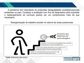 A pandemia tem desvelado as profundas desigualdades socioeducacionais
existentes no país. Focalizar a avaliação com fins de diagnóstico para subsidiar
o replanejamento do currículo parece ser um compromisso mais do que
necessário.
Reorganização do trabalho escolar no retorno às aulas presenciais
Fonte: Elaborado pela autora.
 