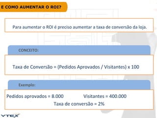E COMO AUMENTAR O ROI?

Para aumentar o ROI é preciso aumentar a taxa de conversão da loja.

CONCEITO:

Taxa de Conversão = (Pedidos Aprovados / Visitantes) x 100
Exemplo:

Pedidos aprovados = 8.000
Visitantes = 400.000
Taxa de conversão = 2%

 