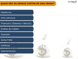 QUAIS SÃO OS DEMAIS CUSTOS DE UMA VENDA?

Plataforma
Infra estrutura
Financeiro (Gateway e Bancos)
Análise de Crédito
Impostos
Conta Frete
Fullfilmet
Adiantamentos

 