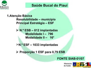 Ministério
da Saúde
Saúde Bucal do Piauí
1.Atenção Básica
Resolubilidade – município
Principal Estratégia – ESF
 N.º ESB – 812 implantadas
Modalidade I – 796
Modalidade II – 16*
N.º ESF – 1033 implantadas
 Proporção 1 ESF para 0,79 ESB
FONTE SIAB-01/07
 