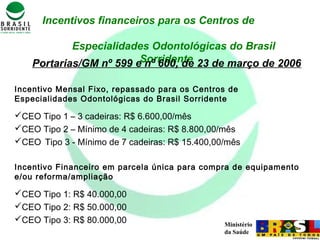 Ministério
da Saúde
Incentivos financeiros para os Centros de
Especialidades Odontológicas do Brasil
SorridentePortarias/GM nº 599 e nº 600, de 23 de março de 2006
Incentivo Mensal Fixo, repassado para os Centros de
Especialidades Odontológicas do Brasil Sorridente
CEO Tipo 1 – 3 cadeiras: R$ 6.600,00/mês
CEO Tipo 2 – Mínimo de 4 cadeiras: R$ 8.800,00/mês
CEO Tipo 3 - Mínimo de 7 cadeiras: R$ 15.400,00/mês
Incentivo Financeiro em parcela única para compra de equipamento
e/ou reforma/ampliação
CEO Tipo 1: R$ 40.000,00
CEO Tipo 2: R$ 50.000,00
CEO Tipo 3: R$ 80.000,00
 