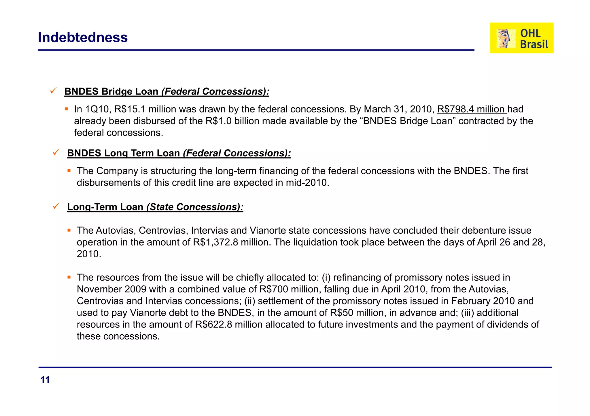 Indebtedness


     BNDES Bridge Loan (Federal Concessions):
      In 1Q10, R$15.1 million was drawn by the federal concessions. By March 31, 2010, R$798.4 million had
              ,                           y                            y        ,     ,
      already been disbursed of the R$1.0 billion made available by the “BNDES Bridge Loan” contracted by the
      federal concessions.

     BNDES Long Term Loan (Federal Concessions):
       The Company is structuring the long-term financing of the federal concessions with the BNDES. The first
       disbursements of this credit line are expected in mid-2010.

     Long-Term Loan (State Concessions):

       The Autovias, Centrovias, Intervias and Vianorte state concessions have concluded their debenture issue
       operation in the amount of R$1,372.8 million. The liquidation took place between the days of April 26 and 28,
       2010.
       2010

       The resources from the issue will be chiefly allocated to: (i) refinancing of promissory notes issued in
       November 2009 with a combined value of R$700 million, falling due in April 2010, from the Autovias,
       Centrovias and Intervias concessions; (ii) settlement of the promissory notes issued in February 2010 and
       used to pay Vianorte debt to the BNDES, in the amount of R$50 million, in advance and; (iii) additional
       resources in the amount of R$622.8 million allocated to future investments and the payment of dividends of
       these concessions.



11
 
