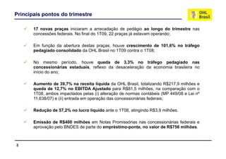 Principais pontos do trimestre
17 novas praças iniciaram a arrecadação de pedágio ao longo do trimestre nas
concessões federais. No final do 1T09, 22 praças já estavam operando;
Em função da abertura destas praças, houve crescimento de 101,6% no tráfego
pedagiado consolidado da OHL Brasil no 1T09 contra o 1T08;
No mesmo período ho e q eda de 3 3% no tráfego pedagiado nasNo mesmo período, houve queda de 3,3% no tráfego pedagiado nas
concessionárias estaduais, reflexo da desaceleração da economia brasileira no
início do ano;
Aumento de 39,7% na receita líquida da OHL Brasil, totalizando R$217,9 milhões e
queda de 12,7% no EBITDA Ajustado para R$81,5 milhões, na comparação com o
1T08, ambos impactados pelas (i) alteração de normas contábeis (MP 449/08 e Lei nº
11 638/07) (ii) t d ã d i á i f d i11.638/07) e (ii) entrada em operação das concessionárias federais;
Redução de 57,2% no lucro líquido ante o 1T08, atingindo R$3,9 milhões.
Emissão de R$400 milhões em Notas Promissórias nas concessionárias federais e
aprovação pelo BNDES de parte do empréstimo-ponte, no valor de R$756 milhões.
3
 
