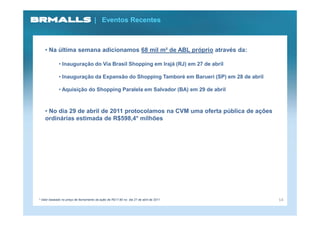 | Eventos Recentes



    • Na última semana adicionamos 68 mil m² de ABL próprio através da:

             • Inauguração do Via Brasil Shopping em Irajá (RJ) em 27 de abril

             • Inauguração da Expansão do Shopping Tamboré em Barueri (SP) em 28 de abril

             • Aquisição do Shopping Paralela em Salvador (BA) em 29 de abril



    • No dia 29 de abril de 2011 protocolamos na CVM uma oferta pública de ações
    ordinárias estimada de R$598,4* milhões




* Valor baseado no preço de fechamento da ação de R$17,60 no dia 27 de abril de 2011        14
 