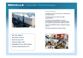 | Inauguração – Via Brasil Shopping


                                                Via Brasil Shopping

                                                •Aquisição concluída em maio de 2010, e inaugurado dia
                                                27 de abril de 2011;

                                                •O shopping inaugura com 95% de seu ABL
                                                comercializado.

                                                •Em fevereiro de 2010 a BRMALLS assumiu a
                                                comercialização, contribuindo com o aumento da taxa
                                                de ocupação de 82% para 95% em apenas 2 meses.

                                                •Capex total de R$102,9 milhões, integralmente pagos
                                                em 2010

                                                •NOI próprio estabilizado de R$13,9 milhões;




ABL Total: 30.680 m²

ABL Próprio: 15.033 m²

Número de Lojas: 189

Número de Vagas: 2.850

NOI BRMALLS 4º Ano: R$13,9 milhões

TIR (real e desalavancada): 14,7%



                                                                                                         15
 