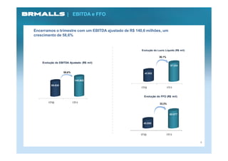 | EBITDA e FFO


Encerramos o trimestre com um EBITDA ajustado de R$ 140,6 milhões, um
crescimento de 58,6%


                                                       Evolução do Lucro Líquido (R$ mil)

                                                                    36,1%

    Evolução do EBITDA Ajustado (R$ mil)
                                                                              57.224

                   58,6%                                 42.052


                            140.602

          88.638
                                                       1T10                 1T11


                                                         Evolução do FFO (R$ mil)

        1T10               1T11                                      33,3%



                                                                              60.077


                                                        45.055



                                                      1T10                  1T11

                                                                                            4
 