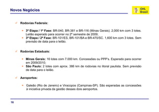 Novos Negócios


     Rodovias Federais:

        3ª Etapa / 1ª Fase: BR 040 BR 381 e BR 116 (Minas Gerais) 2 000 km com 3 lotes
                            BR-040, BR-381 BR-116            Gerais). 2,000        lotes.
        Leilão esperado para ocorrer no 2º semestre de 2009;
        3ª Etapa / 2ª Fase: BR-101/ES, BR-101/BA e BR-470/SC. 1,600 km com 3 lotes. Sem
        previsão de data para o leilão.


     Rodovias Estaduais:

        Minas Gerais: 16 lotes com 7.000 km. Concessões ou PPP’s. Esperado para ocorrer
        em 2009/2010;
        São Paulo: 2 lotes com aprox. 386 km de rodovias no litoral paulista. Sem previsão
        de data para o leilão.

     Aeroportos:

        Galeão (Rio de Janeiro) e Viracopos (Campinas-SP). São esperadas as concessões
        à iniciativa privada da gestão desses dois aeroportos.



16
 