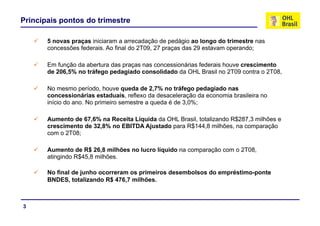 Principais pontos do trimestre

       5 novas praças iniciaram a arrecadação de pedágio ao longo do trimestre nas
       concessões federais. Ao final do 2T09, 27 praças das 29 estavam operando;

       Em função da abertura das praças nas concessionárias federais houve crescimento
       de 206,5% no tráfego pedagiado consolidado da OHL Brasil no 2T09 contra o 2T08,

       No mesmo período ho e q eda de 2 7% no tráfego pedagiado nas
                   período, houve queda     2,7%
       concessionárias estaduais, reflexo da desaceleração da economia brasileira no
       início do ano. No primeiro semestre a queda é de 3,0%;

       Aumento de 67,6% na Receita Líquida da OHL Brasil, totalizando R$287,3 milhões e
       crescimento de 32,8% no EBITDA Ajustado para R$144,8 milhões, na comparação
       com o 2T08;

       Aumento de R$ 26,8 milhões no lucro líquido na comparação com o 2T08,
       atingindo R$45,8 milhões.

       No final de junho ocorreram os primeiros desembolsos do empréstimo-ponte
       BNDES, totalizando R$ 476,7 milhões.



3
 