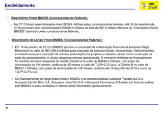 11
Endividamento
 Empréstimo-Ponte BNDES (Concessionárias Federais):
 No 3T10 foram desembolsados mais R$19,6 milhões pelas concessionárias federais. Até 30 de setembro de
2010 já haviam sido desembolsados R$856,9 milhões do total de R$1,0 bilhão referente ao “Empréstimo Ponte
BNDES” assinado pelas concessionárias federais;
 Empréstimo de Longo Prazo BNDES (Concessionárias Federais):
 Em 14 de outubro de 2010 o BNDES aprovou a concessão de colaboração financeira à Autopista Régis
Bittencourt no valor de R$1.069,5 milhões para execução de serviços iniciais, recuperação, melhoramentos
e infraestrutura para operação da rodovia, elaboração dos projetos e cadastro, assim como construção da
sede da concessionária, e, ainda, despesas prévias operacionais. O montante referente ao financiamento
foi dividido em duas categorias de crédito: Crédito A no valor de R$446,4 milhões, com prazo de
amortização de 144 meses, carência de 12 meses e custo de TJLP+2,21%a.a.; e Crédito B no valor de
R$623,1 milhões, com prazo de amortização de 126 meses, carência até 15 de junho de 2014 e custo de
TJLP+2,21% a.a.;
 Os financiamentos de longo prazo entre o BNDES e as concessionárias Autopista Planalto Sul S.A,
Autopista Fernão Dias S.A., Autopista Litoral Sul S.A. e Autopista Fluminense S.A estão em fase de análise
pelo BNDES e suas condições e valores serão informados oportunamente.
 