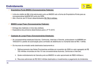 Endividamento
     Empréstimo-Ponte BNDES (Concessionárias Federais):

      Linha de crédito de R$ 1,0 bi estruturado junto ao BNDES sob a forma de Empréstimo-Ponte para as
      concessionárias federais em junho de 2009;
      Até o final de Jan/10 foram desembolsados R$ 798,4 milhões;
                                                    $     ,      ;


     BNDES Longo Prazo (Concessionárias Federais):

      Entrega dos materiais e início das análises;
      Expectativa dos primeiros desembolsos para o 2º Tri 2010.


     Captação de Longo Prazo (Concessionárias Estaduais):

      As concessionárias estaduais Autovias, Centrovias, Intervias e Vianorte, protocolaram na ANBIMA em
      18/02/2010 o pedido de autorização p
                   p                 ç para a emissão de debêntures no montante total de R$1,1 bilhão.
                                                                                                 ,

      Os recursos da emissão serão destinados basicamente a:

         i.   Refinanciamento das Notas Promissórias emitidas em novembro de 2009 no valor agregado de R$
                                                                                               g g
              700 milhões vincendas em Abr./10 nas concessionárias Autovias, Centrovias e Intervias;

         ii. Quitar endividamento da Vianorte junto ao BNDES no valor aproximado de R$50 milhões e;

         iii. Recursos adicionais de R$ 350,0 milhões destinados a investimentos e pagamento de dividendos.

11
 