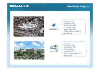 Greenfield Projects




Shopping Estação BH
•Total GLA(m²): 37,051
•Owned GLA(m²): 22,230
• % Developed: 70.1%
• Leasing Status: 82.3%
•IRR (real and unleveraged): 20.5%
•Opening: 2Q12




São Bernardo
•Total GLA(m²): 42,885
•Owned GLA(m²): 25,731
•% Developed: 26.0%
•Leasing Status: 67.7%
•IRR (real and unleveraged): 16.2%
•Opening: 4Q12




                                     10
 