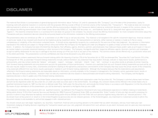 The material that follows is a presentation of general background information about Technos S.A. and its subsidiaries (the “Company”), as of the date of the presentation, solely for
meetings held with potential investors in connection with the proposed offering outside of Brazil of common shares of the Company (the “Transaction”). This material does not constitute
offering material in whole or in part, and you must read the offering memorandum related to the Transaction before making an investment decision in respect of the common shares. You
can request the offering memorandum from Credit Suisse Securities (USA) LLC, Itau BBA USA Securities, Inc., and Goldman Sachs & Co. along with their agents (collectively the
“Agents”). The material contained herein is in summary form and does not purport to be complete. You should consult the offering memorandum for more complete information about the
Transaction and your investment decision should be exclusively based on the information contained in the offering memorandum.

This presentation does not constitute an offer or a solicitation or an offer to buy or sell any securities. The material is not targeted to the specific investment objectives, financial situation
or particular needs of any recipient and should not be treated as giving investment advice. No representation or warranty, either express or implied, is made as to the accuracy,
completeness or reliability of the information contained herein. It should not be regarded by recipients as a substitute for the exercise of their own judgment. Any opinions or information
expressed in this material are subject to change without notice and neither the Company nor the Agents are under any obligation to update or keep current the information contained
herein. In addition, the Company has been informed that the Agents, their affiliates, agents, directors, partners and employees may make purchases and/or sales as principals or may act
as market makers or provide investment banking or other services to the Company. The Company, the Agents and their respective affiliates, agents, directors, partners and employees
accept no liability whatsoever for any loss or damage of any kind arising out of the use of all or any part of this material. The common shares will be offered only in jurisdictions where and
to the extent permitted. This presentation is strictly confidential and may not be disclosed to any other person.

This presentation contains statements that are forward-looking within the meaning of Section 27A of the Securities Act of 1933, as amended (the “Securities Act”) and Section 21E of the
Exchange Act of 1934, as amended. Forward-looking statements include, without limitation, any statement that may predict, forecast, indicate or imply future results, performance or
achievements, and may contain words like “believe”, “anticipate”, “expect”, “envisage”, “estimate”, “intend”, “may”, “will”, “continue” or any other words or phrases of similar meaning.
Such forward-looking statements are only predictions and are not guarantees of future performance. Investors are cautioned that any such forward-looking statements are and will be, as
the case may be, subject to many risks, uncertainties and factors relating to the operations and business environments of the Company that may cause the actual results of the companies
to be materially different from any future results expressed or implied in such forward-looking statements. Although the Company believes that the expectations and assumptions
reflected in the forward-looking statements are reasonable based on information currently available to the Company‟s management, the Company cannot guarantee future results or
events. Because of these uncertainties, investors shall not take any investment decision based on these estimates and forward looking statements. The Company and the Agents
expressly disclaim a duty to update any of the forward looking-statements.

Securities may not be offered or sold in the United States unless they are registered or exempt from registration under the Securities Act. The Company‟s common shares have not been
and will not be registered under the Securities Act, or under any state securities laws in the United States. Accordingly, the common shares will be offered in the United States only to
qualified institutional buyers (a “QIB”) as that term is defined under Rule 144A under the Securities Act, and outside the United States in accordance with Regulation S of the Securities Act.
By means of your attendance at this presentation, you will be deemed to represent to the Agents that you are a QIB.

This material is intended only to persons who are “qualified investors” (as defined in the Prospectus Directive) (i) who have professional experience in matters relating to investments
falling within Article 19 (5) of the Financial Services and Markets Act 2000 (Financial Promotion) Order 2005, as amended (the “Order”) and/or (ii) who are high net worth companies (or
persons to whom it may otherwise be lawfully communicated) falling within Article 49(2)(a) to (d) of the Order (all such persons together being referred to as “relevant persons”). This
document must not be acted on or relied on in the United Kingdom by persons who are not relevant persons. In the United Kingdom, any investment or investment activity to which this
document relates is only available to, and will be engaged in with, relevant persons.

You should consult your own legal, regulatory, tax, business, investment, financial and accounting advisers to the extent that you deem necessary, and you must make your own
investment, hedging of trading decision regarding the Transaction based upon your own judgment and advice from such advisers as you deem necessary and not upon any view expressed
in this material.
 