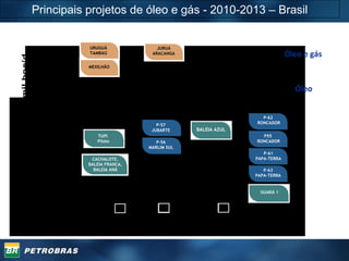 Principais projetos de óleo e gás - 2010-2013 – Brasil P-57 JUBARTE CACHALOTE. BALEIA FRANCA, BALEIA ANÃ TUPI  Piloto P-62  RONCADOR P55  RONCADOR P-61 PAPA-TERRA P-63 PAPA-TERRA GUARÁ 1 BALEIA AZUL  URUGUÁ TAMBAÚ MEXILHÃO Pré-Sal Gás Natural P-56 MARLIM SUL JURUÁ ARACANGA Óleo pesado Óleo Óleo e gás 