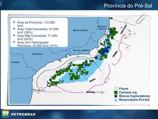 Província do Pré-Sal Poços  Campos o/g Blocos Exploratórios Reservatório Pré-Sal MINAS GERAIS SÃO PAULO PARANÁ Área da Província: 112.000 km2 Área Total Concedida: 41.000 km2 (38%) Área Não Concedida: 71.000 km2 (62%) Área com Participação Petrobras: 35.000 km2 (31%) RIO DE JANEIRO ESPIRITO SANTO SÂOPAULO 