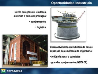 Oportunidades industriais  Novas soluções de  unidades, sistemas e pólos de produção: equipamentos  logística   Desenvolvimento da indústria de base e expansão das empresas de engenharia: indústria naval e correlatas grandes equipamentos (NUCLEP) 
