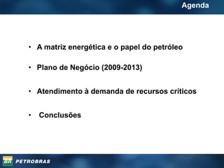 A matriz energética e o papel do petróleo Plano de Negócio (2009-2013) Atendimento à demanda de recursos críticos Conclusões Agenda 