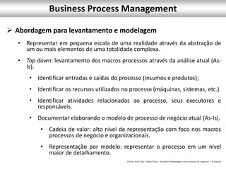  Abordagem para levantamento e modelagem
• Representar em pequena escala de uma realidade através da abstração de
um ou mais elementos de uma totalidade complexa.
• Top down: levantamento dos macros processos através da análise atual (As-
Is).
• Identificar entradas e saídas do processo (insumos e produtos);
• Identificar os recursos utilizados no processo (máquinas, sistemas, etc.)
• Identificar atividades relacionadas ao processo, seus executores e
responsáveis.
• Documentar elaborando o modelo de processo de negócio atual (As-Is).
• Cadeia de valor: alto nível de representação com foco nos macros
processos de negócio e organizacionais.
• Representação por modelo: representar o processo em um nível
maior de detalhamento.
(Fonte: Prof. Msc. Pedro Oscar . Disciplina Modelagem de processos de negócios – IS Expert)
Business Process Management
 