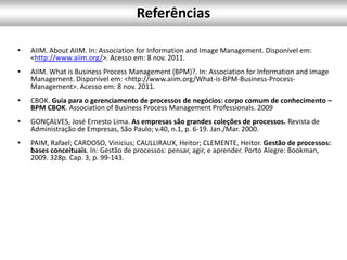 Referências
• AIIM. About AIIM. In: Association for Information and Image Management. Disponível em:
<http://www.aiim.org/>. Acesso em: 8 nov. 2011.
• AIIM. What is Business Process Management (BPM)?. In: Association for Information and Image
Management. Disponível em: <http://www.aiim.org/What-is-BPM-Business-Process-
Management>. Acesso em: 8 nov. 2011.
• CBOK. Guia para o gerenciamento de processos de negócios: corpo comum de conhecimento –
BPM CBOK. Association of Business Process Management Professionals. 2009
• GONÇALVES, José Ernesto Lima. As empresas são grandes coleções de processos. Revista de
Administração de Empresas, São Paulo; v.40, n.1, p. 6-19. Jan./Mar. 2000.
• PAIM, Rafael; CARDOSO, Vinicius; CAULLIRAUX, Heitor; CLEMENTE, Heitor. Gestão de processos:
bases conceituais. In: Gestão de processos: pensar, agir, e aprender. Porto Alegre: Bookman,
2009. 328p. Cap. 3, p. 99-143.
 